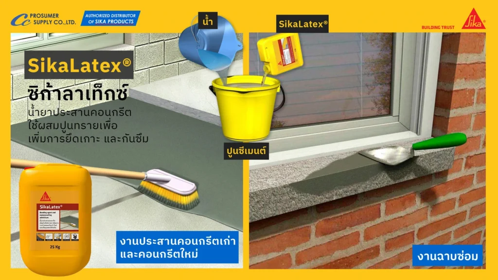 น้ำยาประสานคอนกรีต SikaLatex® น้ำยาประสานคอนกรีต ใช้ผสมปูนทรายเพื่อเพิ่มการยึดเกาะและกันซึม