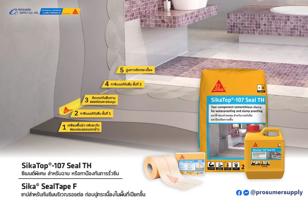 ทาซีเมนต์กันซึมแบบยืดหยุ่น และเสริมรอยต่อและมุมห้องด้วยเทปกันซึม ช่วยป้องกันน้ำซึมได้ในบริเวณพื้นที่เปียกชื้น