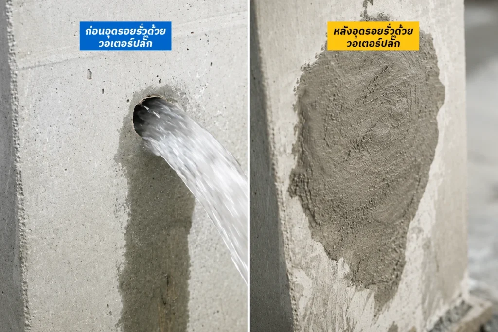 เปรียบเทียบก่อนและหลังอุดรอยรั่วคอนกรีต